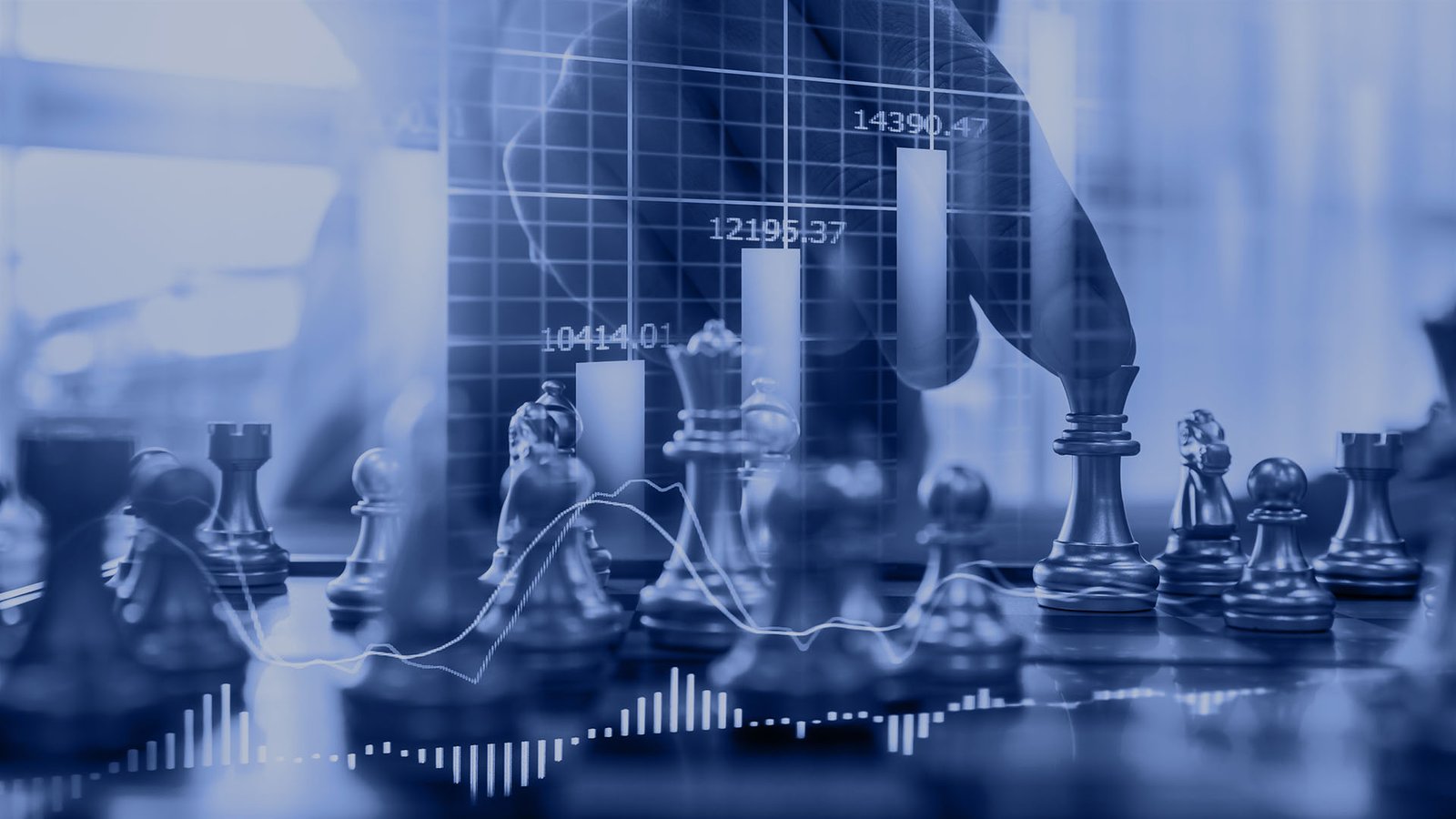 Chess game on chess board on stock market or forex trading graph